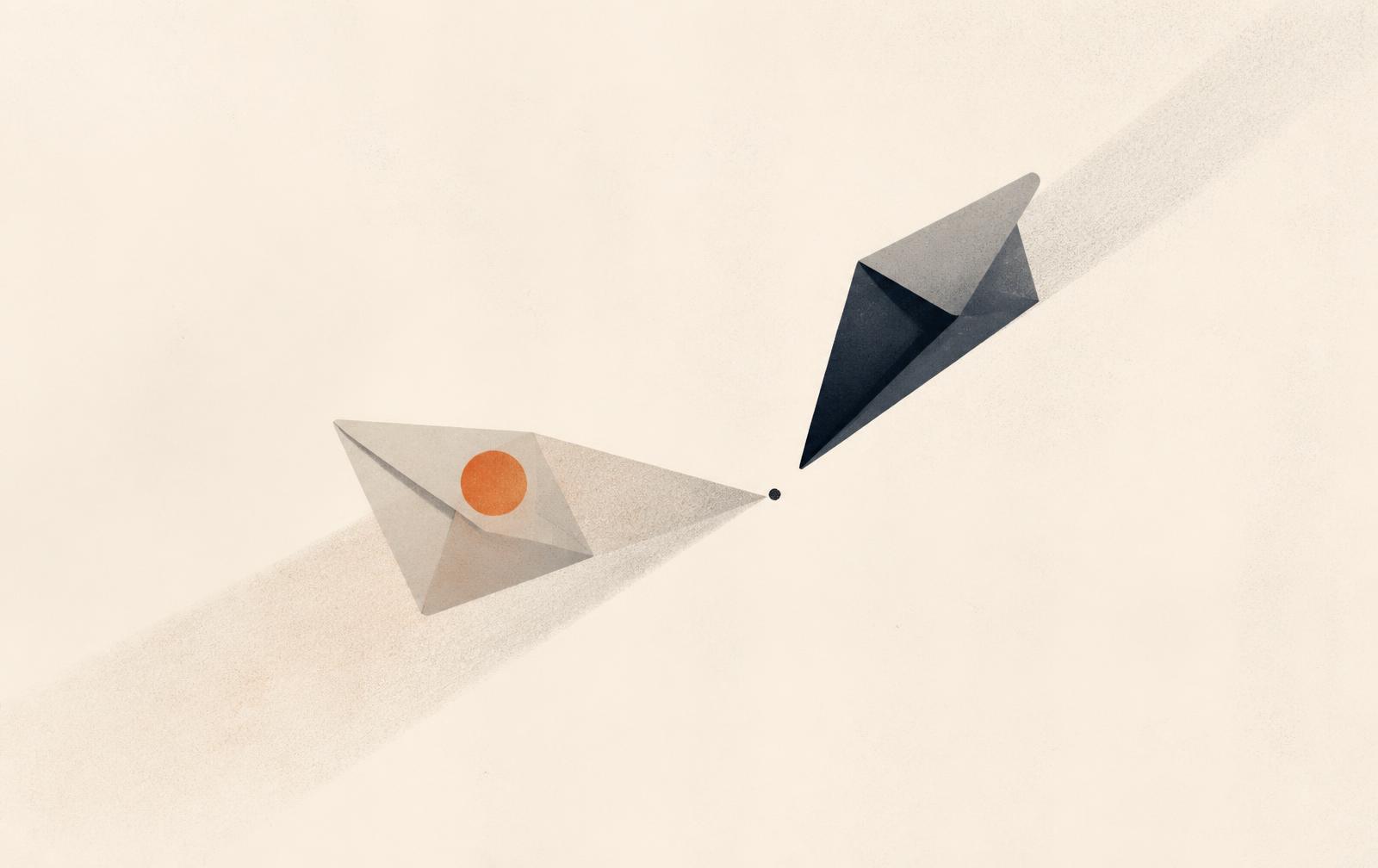 Two paper envelopes drifting toward one another