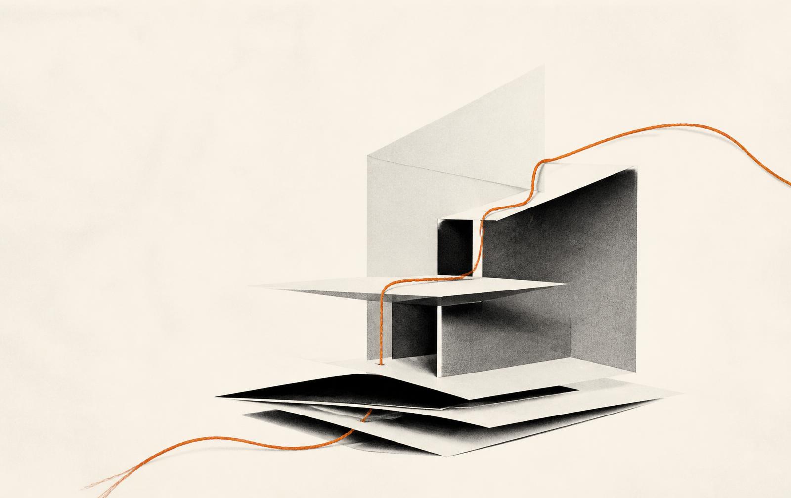 Stacked paper sheets connected by a single orange thread, evoking memory