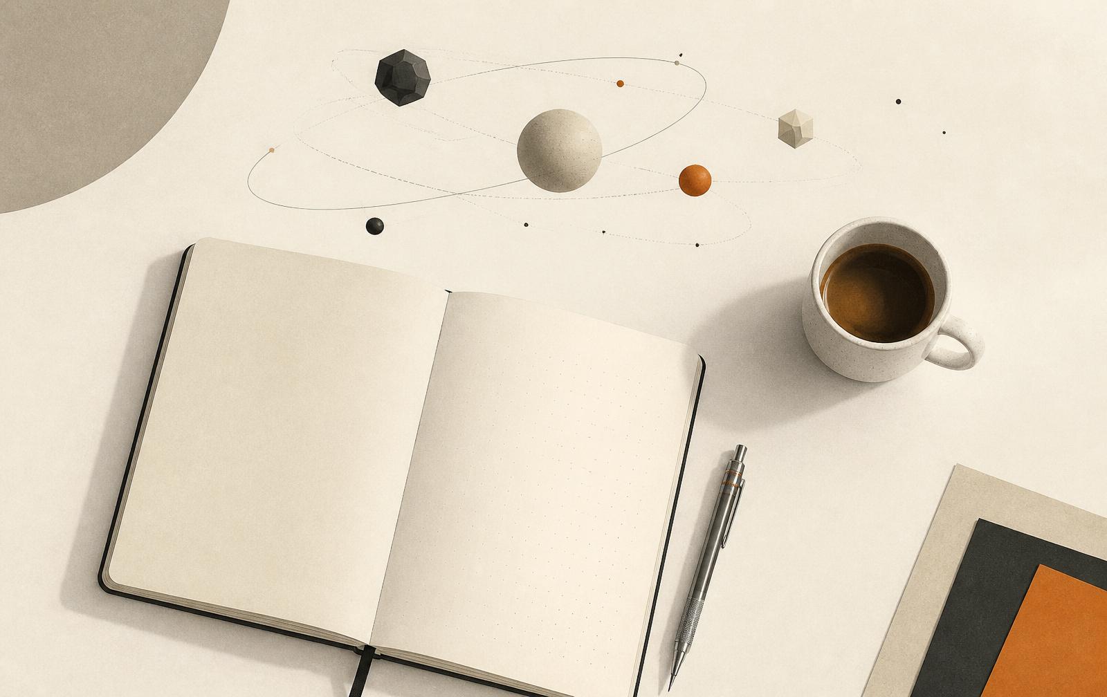 A calm desk with an open notebook, a pencil and geometric shapes orbiting overhead
